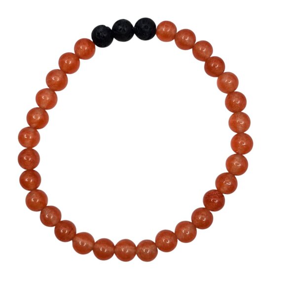 Jewelry - 🎀 Coral Orange Calcite & (3) Lava Stone Round Beads Stretch Bracelet NEW